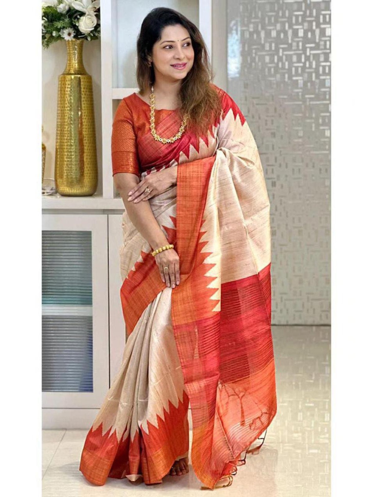 Orange Tussar Silk Boutique Saree