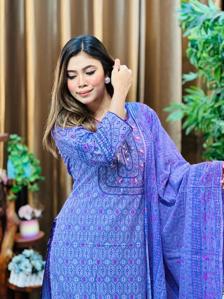 Premium Quality Cotton Embroidery Worked Printed Three Piece for Women Unstiched Skin Print 3 Piece New Gorgeous Salwar Kameez