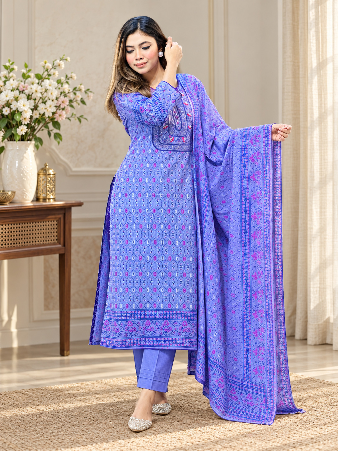 Premium Quality Cotton Embroidery Worked Printed Three Piece
