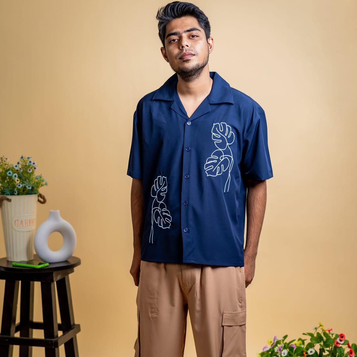 Mad Koffee Men’s Embroidery Cuban Shirts — Midnight Navy