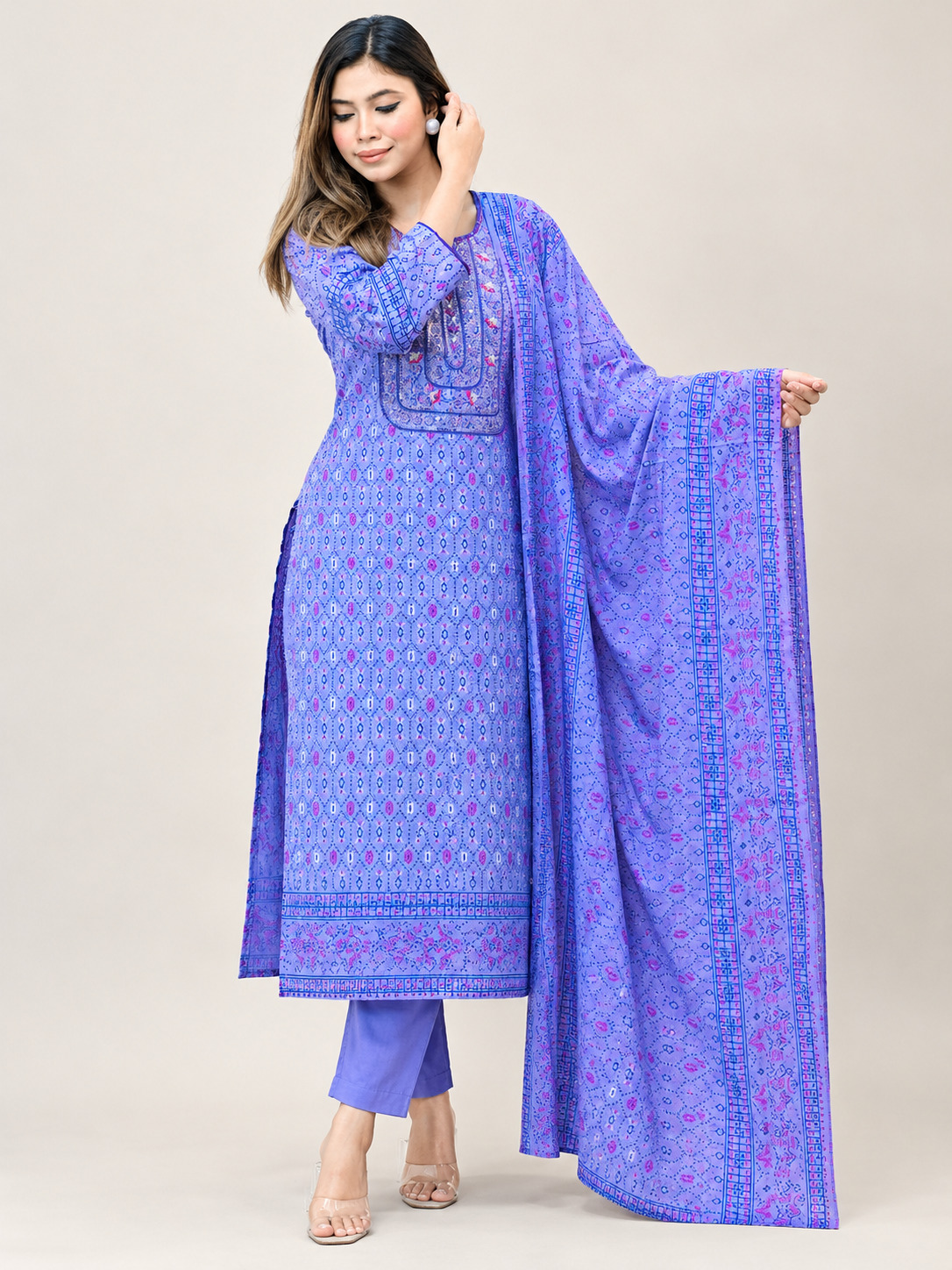 Premium Quality Cotton Embroidery Worked Printed Three Piece